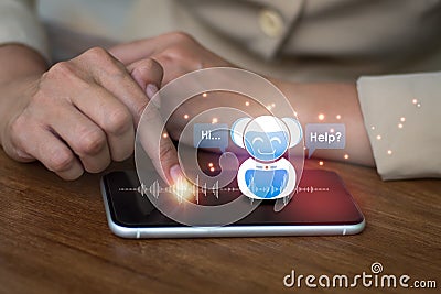 A woman uses a smart phone to interact with digital chatbot on virtual screen and data on internet network. AI Artificial Stock Photo