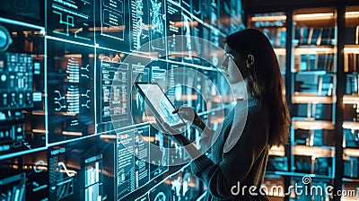 A woman uses a tablet to interact with a complex, glowing futuristic interface displaying data, AI Generated Stock Photo