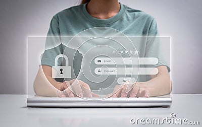 Woman using access window to log in entering password on laptop, Sign up username password Enter log in, Cyber protection, Stock Photo