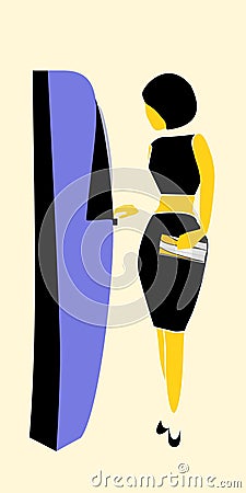 Woman using ATM Cartoon Illustration