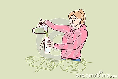 Woman using blender to make vegetable smoothie during detox diet or after morning run Vector Illustration