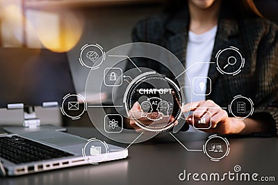 Woman using chatbot in computer and tablet smart intelligence Ai.Chat GPT Chat with AI Artificial Intelligence, developed by Stock Photo