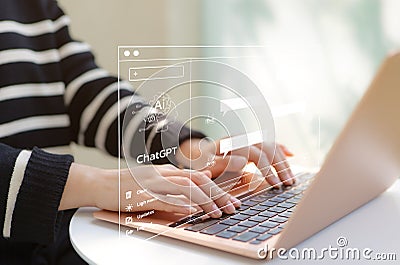 Woman using computer chatting with an intelligent artificial intelligence asks for the answers wants. ChatGPT Chat with AI or Stock Photo