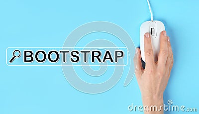 Woman using computer mouse on blue background, closeup. Bootstrap button Stock Photo