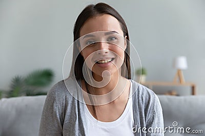 Woman using computer webcam passing job interview distantly headshot portrait Stock Photo