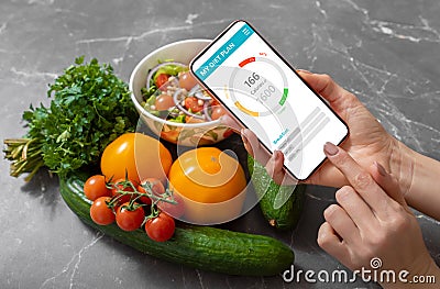 Woman using dieting app to track nutrition facts and calories Stock Photo