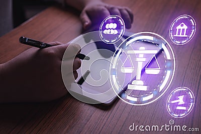 Woman using digital tablet with legal services icon VR interface for Legal advice online. Stock Photo