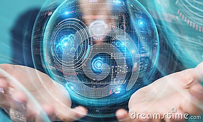 Woman using digital technological interface with datas 3D rendering Stock Photo