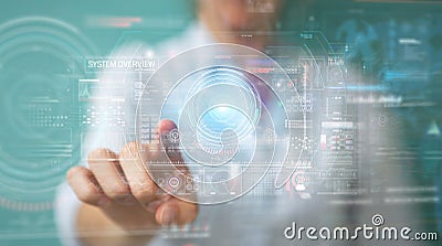 Woman using digital technological interface with datas 3D rendering Stock Photo