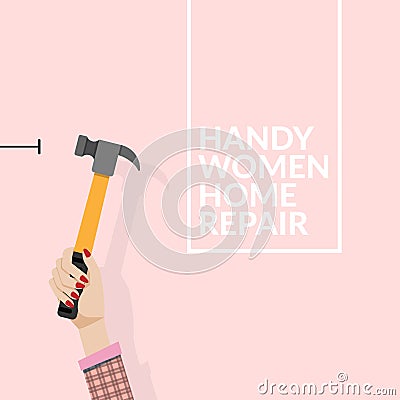 Woman using hammer and nail on the wall isolated on pink background. do it yourself home repair by woman concept. vector Vector Illustration