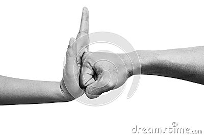 Woman using hand palm to stop man`s punch from attack isolated on white background. stop violence against women campaign Stock Photo