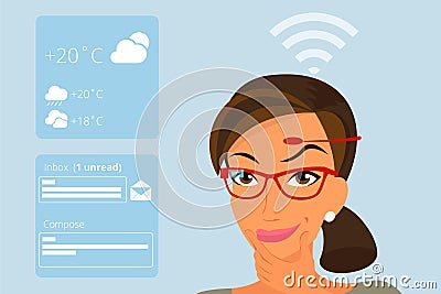 Woman using head-mounted hardware technologies Vector Illustration