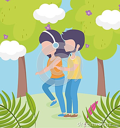 Woman using headphones and man walking together outdoors healthy lifestyle Vector Illustration