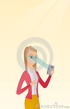 Woman using iris scanner to unlock mobile phone. Vector Illustration