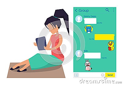 Woman Using kakao talk Messenger App in Tablet Vector Illustration