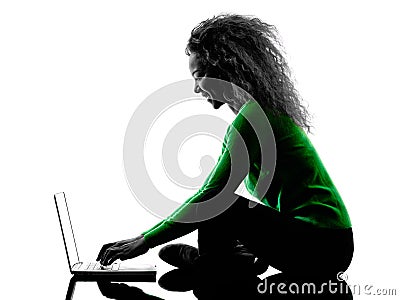 Woman using laptop Computers silhouette isolated Stock Photo