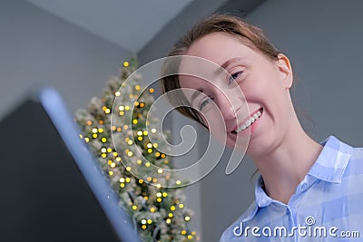 Woman using laptop, having video chat, job interview or distant consultation Stock Photo