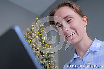 Woman using laptop, having video chat, job interview or distant consultation Stock Photo