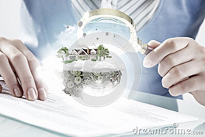 Woman using magnifier for exploration . Mixed media Stock Photo