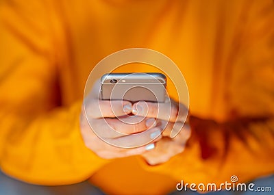 Woman using mobile close up conceptual image of phone addiction mobile Gaming and social media Stock Photo