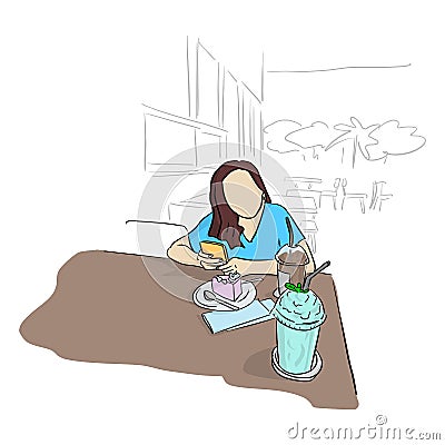 Woman using mobile phone with cake cand cool drinks on table in coffee shop vector illustration sketch doodle hand drawn with Vector Illustration