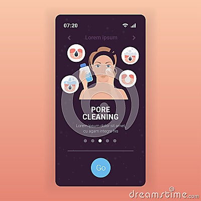 Woman using napkin cleaning pore facial cleansing procedure on clogged face skin care treatment Vector Illustration