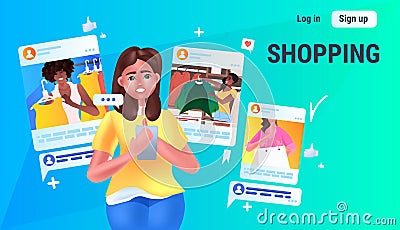 woman using online shopping application on digital gadget special offer social media network concept Vector Illustration