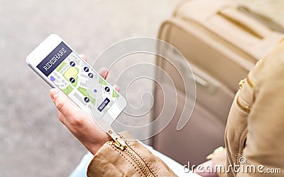 Woman using rideshare app. Ride share application. Stock Photo