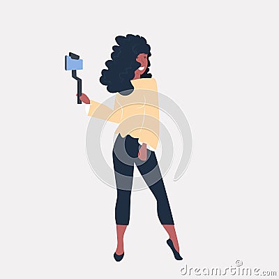 Woman using selfie stick african american girl taking photo on smartphone camera social media network blogging concept Vector Illustration