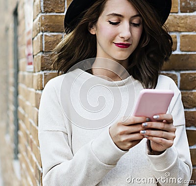 Woman Using Smart Phone Connection Techie Stock Photo