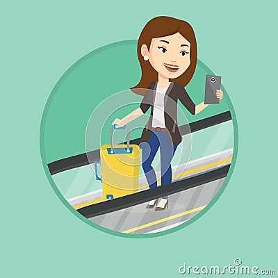 Woman using smartphone on escalator in airport. Vector Illustration