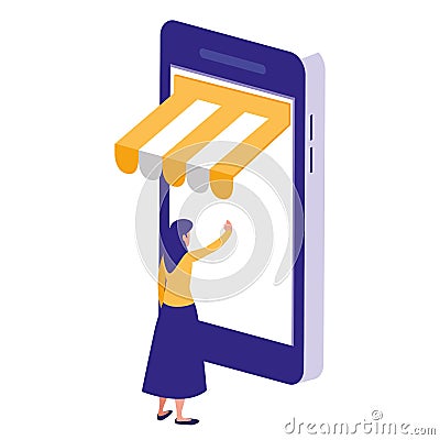 Woman using smartphone with parasol Vector Illustration