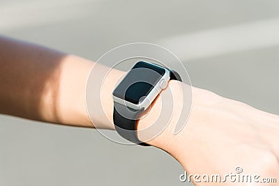 Woman using smartwatch with e-mail notifier. smartwatch hand device notify computer internet message e-mail concept. Stock Photo