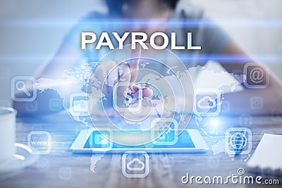 Woman using tablet pc, pressing on virtual screen and selecting payroll Stock Photo