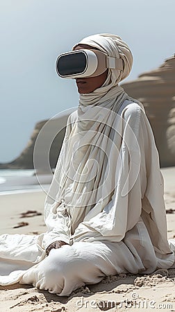 A woman using a VR headset interacts with the virtual world, located against the backdrop of a summer landscape on Stock Photo