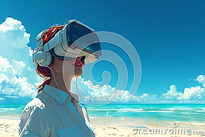 A woman using a VR headset interacts with the virtual world, located against the backdrop of a summer landscape on Stock Photo
