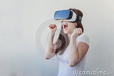 Woman using VR headset Stock Photo