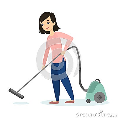Woman vacuum cleaning. Vector Illustration