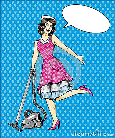 Woman vacuuming floor in house. Vector Illustration