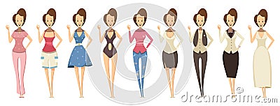 Woman In Various Outfits Set Vector Illustration