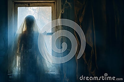 a woman in a veil is standing in front of a window Stock Photo