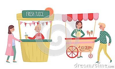 Woman Vendor Selling Fresh Juice and Ice Cream at Food Stall Vector Set Vector Illustration
