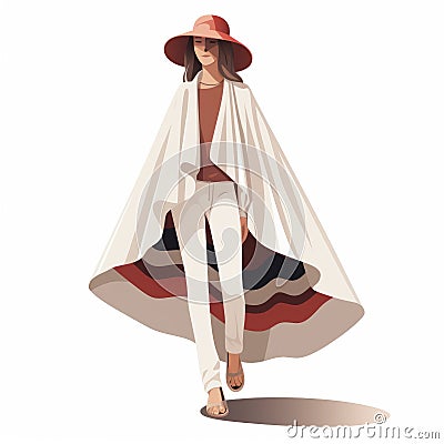 Stylish Woman Walking With Cape And Hat - Retro Glamor Illustration Cartoon Illustration