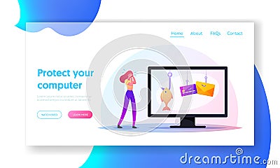 Woman Victim of Phishing and Hacker Attack Lose Money Landing Page Template. Desperate Tiny Female Character Crying Vector Illustration