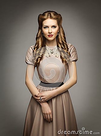 Woman Victorian Historical Age Dress, Beautiful Curly Hairstyle Stock Photo