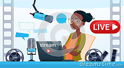 Woman Video Blogger Online Stream Blogging Subscribe Concept Vector Illustration