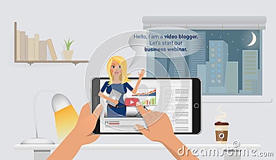 Woman video blogger in smart phone. Concept blogging. Digital business blog. Flat Vector Illustration Vector Illustration