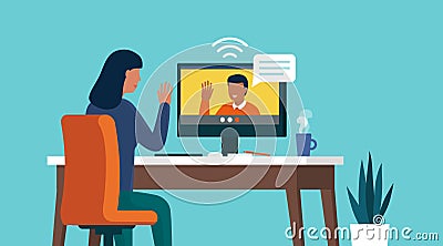 Woman video calling her friend online using her computer Vector Illustration