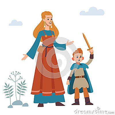 Woman viking. Historic medieval viking family. Mother and son. Vector Isolated on white background. Flat style. Vector Illustration