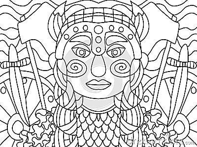Woman viking warrior in armor coloring page for kids and adults. Stock Photo